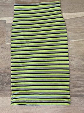 Bebe Neon Yellow, Black and Beige Striped Bodycon Midi Pencil Skirt Size M